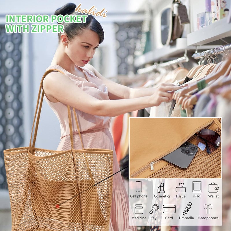 KALIDI حقيبة شاطئ من نايلون شبكي، حقيبة توت غير رسمية للنساء قابلة للطي سعة MAX 23L لحقيبة كتف للشاطئ والنزهات والعطلات - Image 3